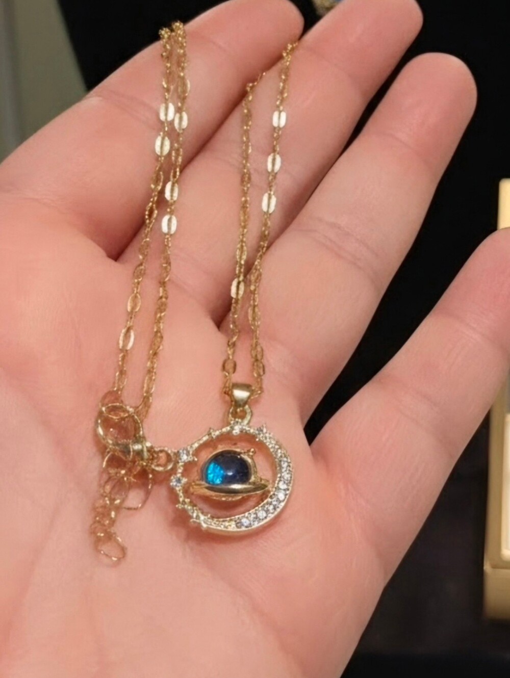 Gold-Tone Crescent Necklace with Blue Orb Pendant